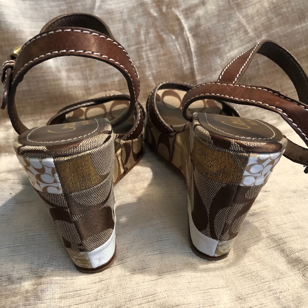 Very Rare!!! Coach Alina Patchwork & Brown Leather Wedge Sandals - Picture 8 of 12